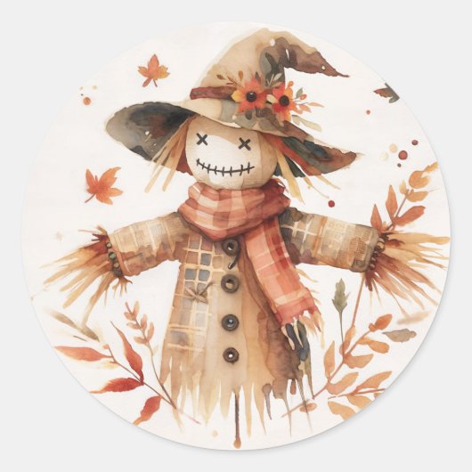 Sticker Rond Smiling Scarecrow Autumn Watercolor (Devant)