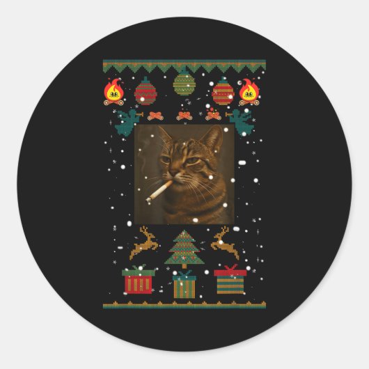 Sticker Rond Smoking Cat Cigarette Meme Sarcasm Ugly Christmas  (Devant)