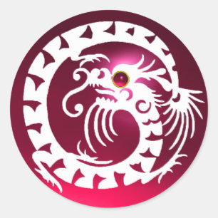 Sticker Rond SNAKE DRAGON, blanc, rouge rose rubis