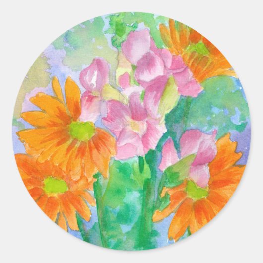 Sticker Rond Snapdragons de marguerite Aquarelle Orange Fleurs (Devant)