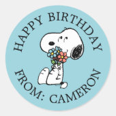 Sticker Rond Snoopy Stop & Smell the Flowers | Joyeux anniversa (Devant)