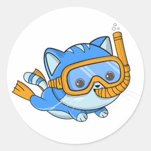 Sticker Rond Snorkeling Cute Cat Plongée Scuba Kitten