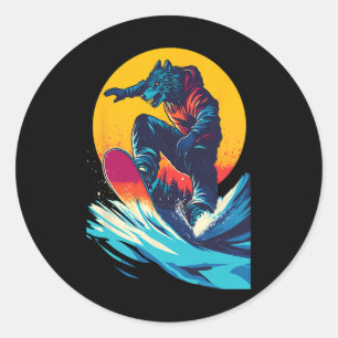 Sticker Rond Snowboard Animaux - Loup Sur Un Snowboard Snowboar