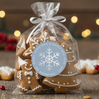 Sticker Rond Snowflake Christmas Dusty Blue Elegant Faux Silver