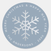 Sticker Rond Snowflake Christmas Dusty Blue Elegant Faux Silver (Devant)