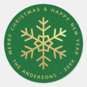 Sticker Rond Snowflake Green & Faux Gold Foil Elegant Christmas (Devant)