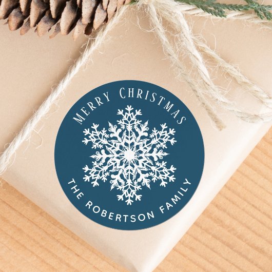 Sticker Rond Snowflake Merry Christmas Holiday Blue