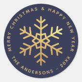 Sticker Rond Snowflake Navy Blue Faux Gold Elegant Christmas  (Devant)