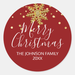 Sticker Rond Snowflake RED Gold Confetti Joyeux Noël