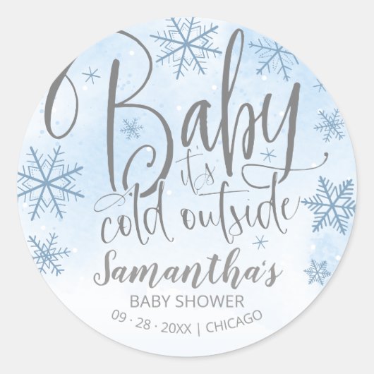 Sticker Rond Snowflakes Baby It's Cold Outside Boy Baby shower (Devant)