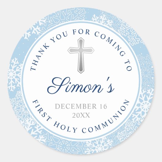 Sticker Rond Snowflakes d'hiver Blue Silver Première communion  (Devant)