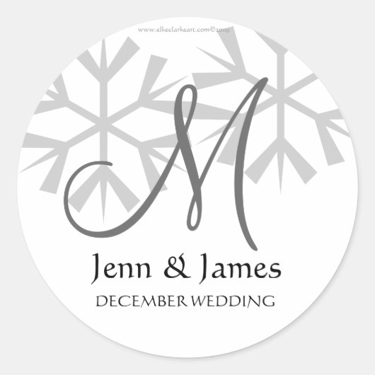 Sticker Rond Snowflakes Monogramme Mariage Enregistrer la date (Devant)