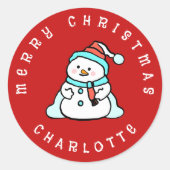 Sticker Rond Snowman Avec Nom Personnalisé | Noël rouge mignon (Devant)