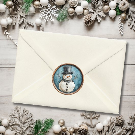 Sticker Rond Snowman Blue Christmas Faux Wax