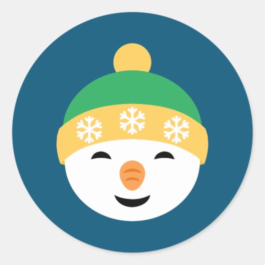 Sticker Rond Snowman de Noël en Casquette vert sur bleu (Devant)