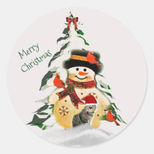 Sticker rond Snowman et Oiseaux de Noël