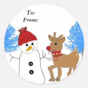 Sticker Rond Snowman et Reindeer