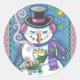 STICKER ROND SNOWMAN, GINGERPREAD MAN & MUG OF CHOCOLAT CHAUD