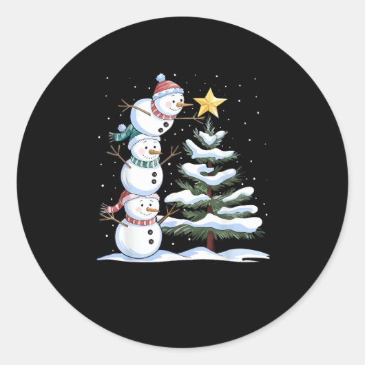 Sticker Rond Snowman Merry Christmas Santa Claus Tree Snow Fami (Devant)