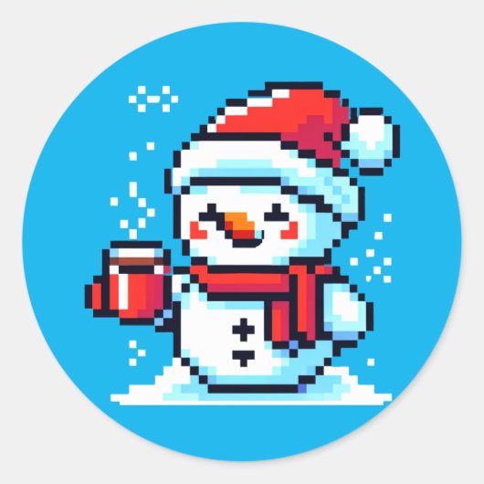 Sticker Rond Snowman Pixelé avec café - Winter Holiday Art (Devant)