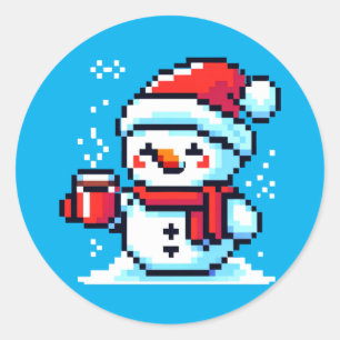 Sticker Rond Snowman Pixelé avec café - Winter Holiday Art