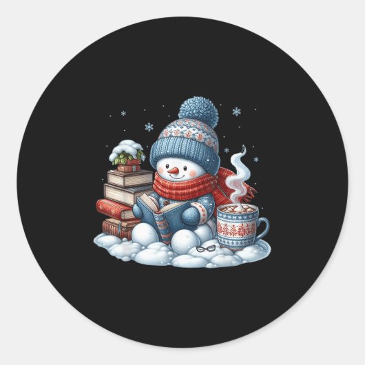 Sticker Rond Snowman Reading Books Lovers Librarian Bookworm Ch (Devant)
