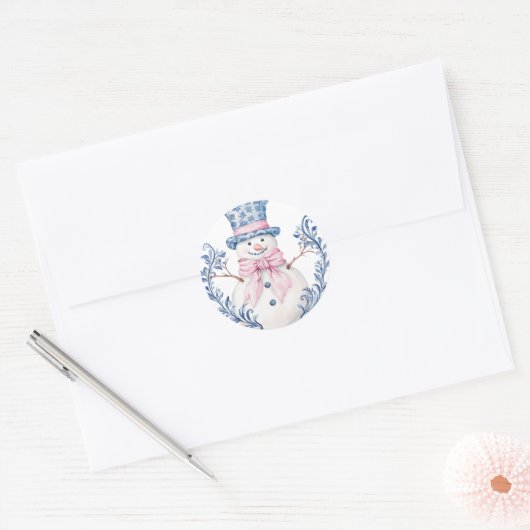 Sticker Rond Snowman rose et bleu (Enveloppe)