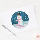 Sticker Rond Snowman rose mignon Noël personnalisé (Enveloppe)