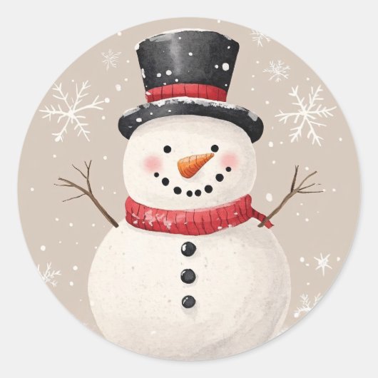 Sticker Rond Snowman rustique avec des flocons de neige illustr (Devant)
