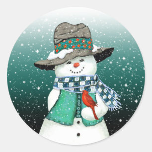 Sticker Rond Snowman souriant, Cardinal dans un orage de neige