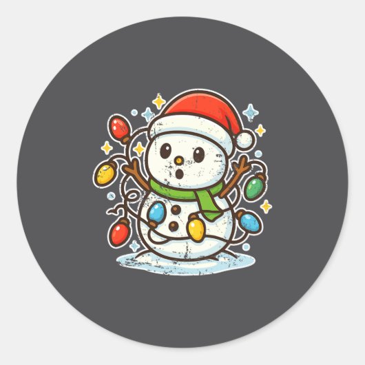 Sticker Rond Snowman Tangled In Holiday Lights Premium Tri-blen (Devant)