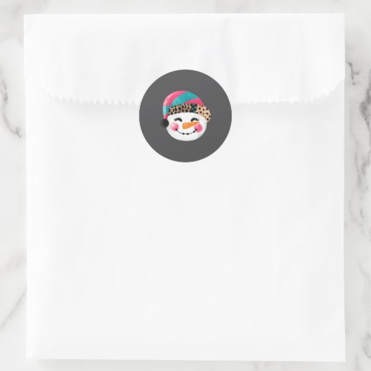 Sticker Rond Snowman With Santa Hat And Leopard Pattern  (Sac)
