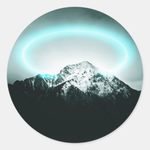 Sticker Rond Snowy mountain mysterious blue neon light