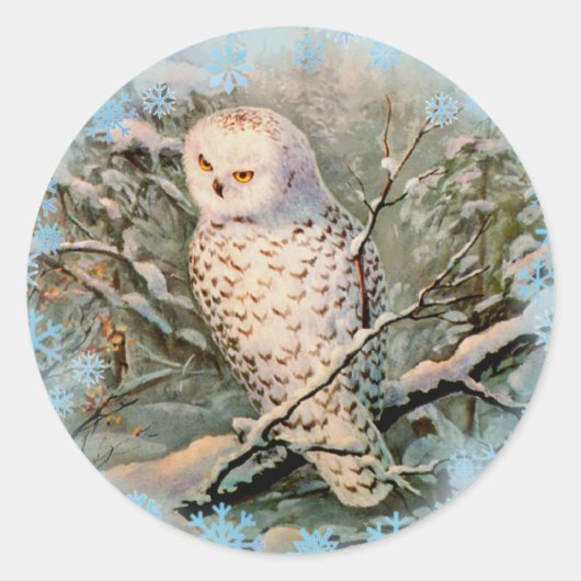 Sticker Rond SNOWY OWL & SNOWFLAKES par SHARON SHARPE (Devant)