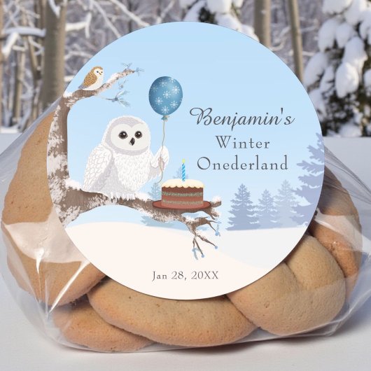 Sticker Rond Snowy Owl Winter Onederland Birthday
