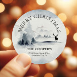 Sticker Rond Snowy Winter Woods Christmas Return Adresse<br><div class="desc">Enlevez la pression de l'envoi de Cartes de fin de année de Noël cette année avec ces élégants stickers d'adresse de retour de Noël hivernal. Tout le texte est facile à customiser.</div>