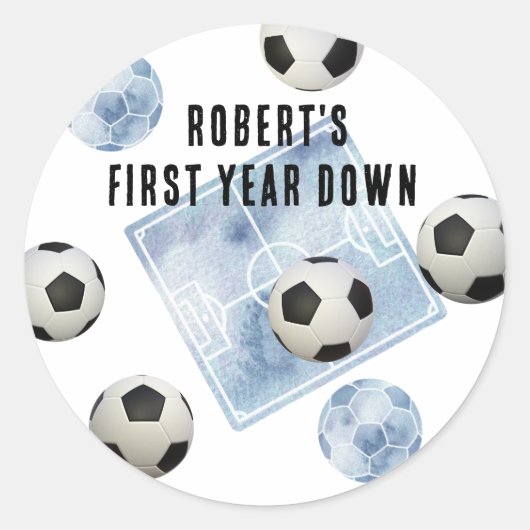 Sticker Rond Soccer First Year Down Birthday Party (Devant)