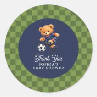 Sticker Rond Soccer Teddy Bear Checkboard Retro Baby Shower