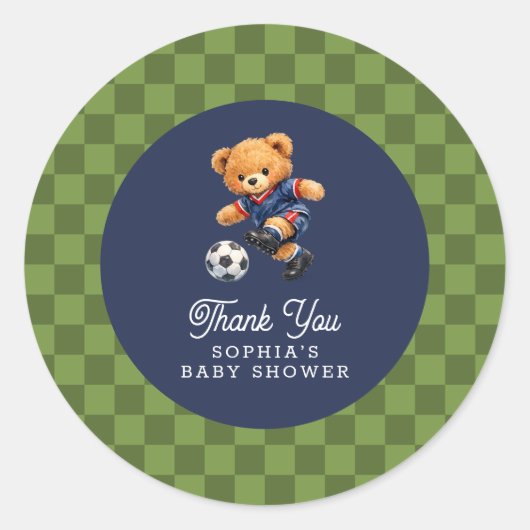 Sticker Rond Soccer Teddy Bear Checkboard Retro Baby Shower (Devant)