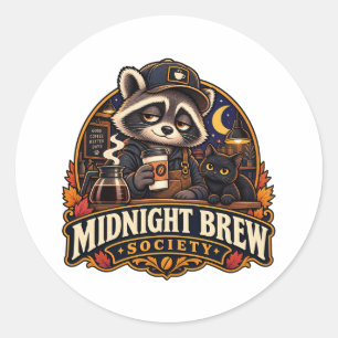 Sticker Rond Société de café Raton laveur Vintage Midnight Brew