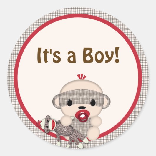 Sticker Rond SOCK MONKEY Baby shower vierge rond GARÇON #5 (Devant)
