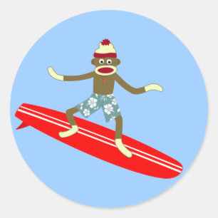 Sticker Rond Sock Monkey Surfer