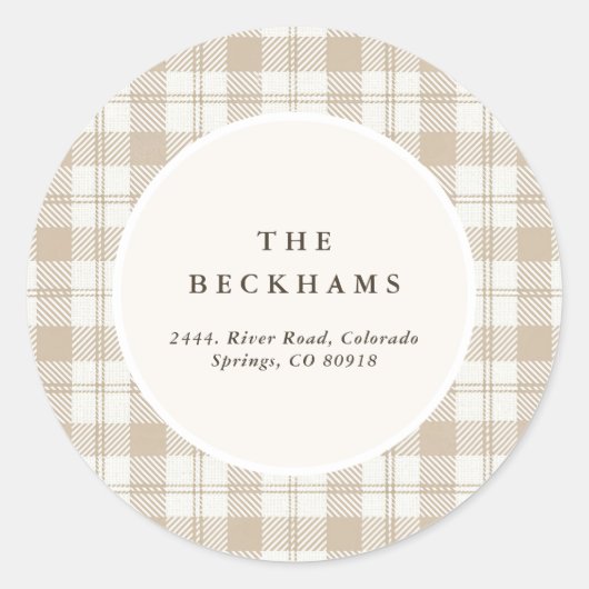 Sticker Rond Soft Beige Gingham Christmas Return Address (Devant)
