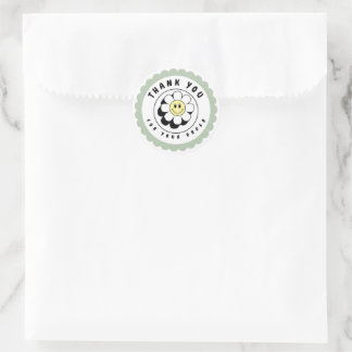 Sticker Rond Soft Green Retro Happy Flower Business Circle