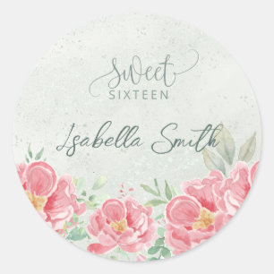 Sticker Rond Soft Green & Rose Floral Sweet sixteen Party