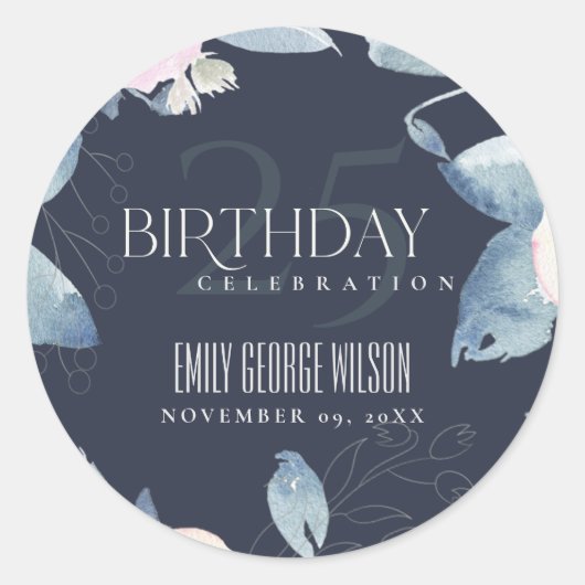 STICKER ROND SOFT MARINE BLEU BLEU FLORAL TOUT ÂGE 25E ANNIVERS (Devant)