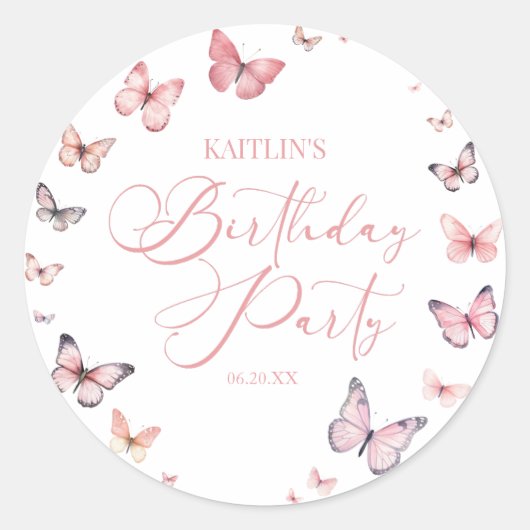 Sticker Rond Soft rose papillon fête d'anniversaire (Devant)