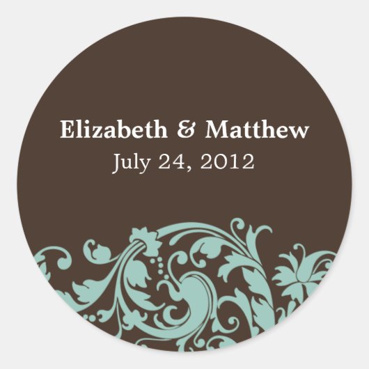 Sticker Rond Soft Turquoise & Brown Mariage Swirl Favor Étiquet (Devant)