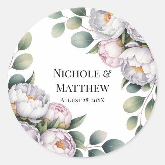 Sticker Rond Soft White Peony with Eucalyptus Leaves Wedding (Devant)