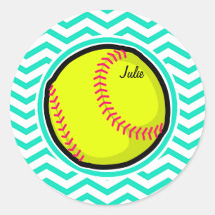 Sticker Rond Softball ; Aqua Green Chevron